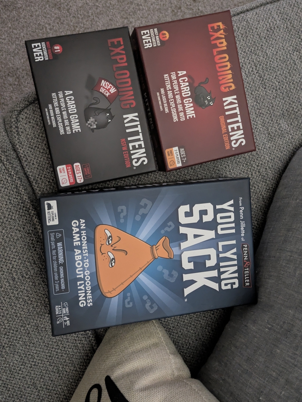 Exploding Kittens & Lying Sack Game Bundle – 3 Fun Party Games – New/Like New